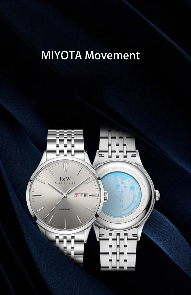 Carnival High-end Series I&W Brand Automatic Mechanical Watches Men Waterproof Watches 316L Steel Sapphire Business Men's Watch