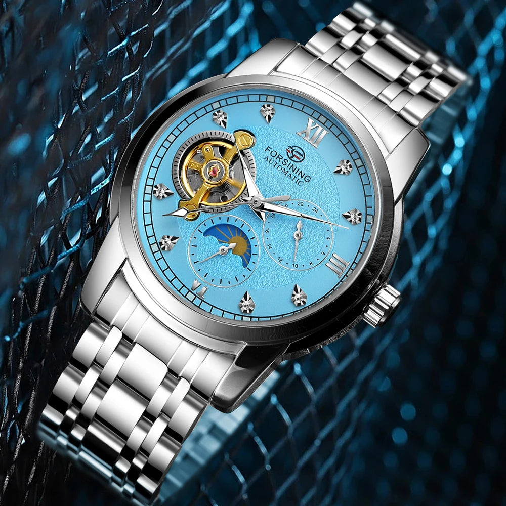 Forsining men’s automatic mechanical watch – Luxury, business and fashion style, metal bracelet, tourbillon, luminescent hands, set with synthetic diamonds