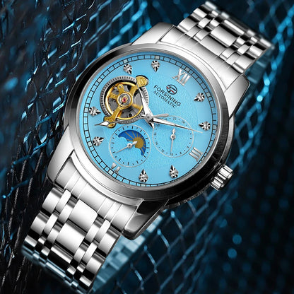Forsining men’s automatic mechanical watch – Luxury, business and fashion style, metal bracelet, tourbillon, luminescent hands, set with synthetic diamonds