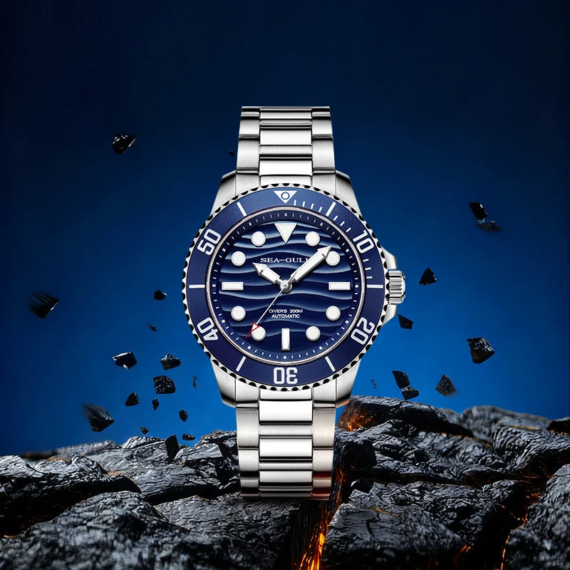 Seagull Ocean Series Automatic Man Mechanical Wristwatches Wave Dial Calendar 200m Waterproof Luminous Diving Watch reloj  6203