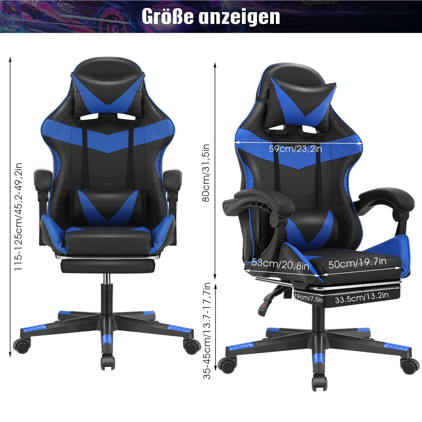 Ergonomic Gaming Chair Racing Style with Footrest, Lumbar Support, Adjustable Height, Reclining Computer Chair with Armrests & Headrest