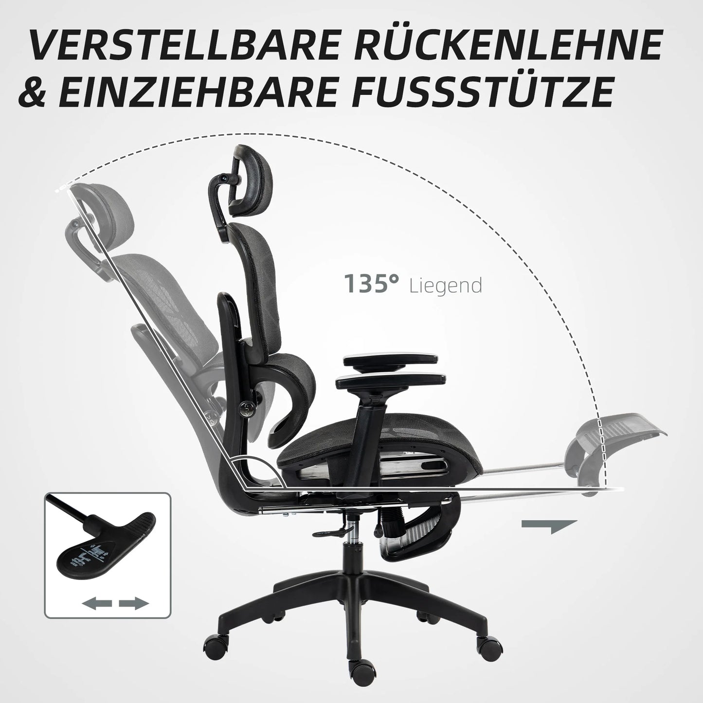 Ergonomic Office Chair with Lumbar Support, Adjustable Headrest, Footrest, Armrests, Reclining Mesh Desk Chair for Home Office