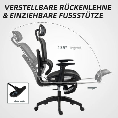 Ergonomic Office Chair with Lumbar Support, Adjustable Headrest, Footrest, Armrests, Reclining Mesh Desk Chair for Home Office