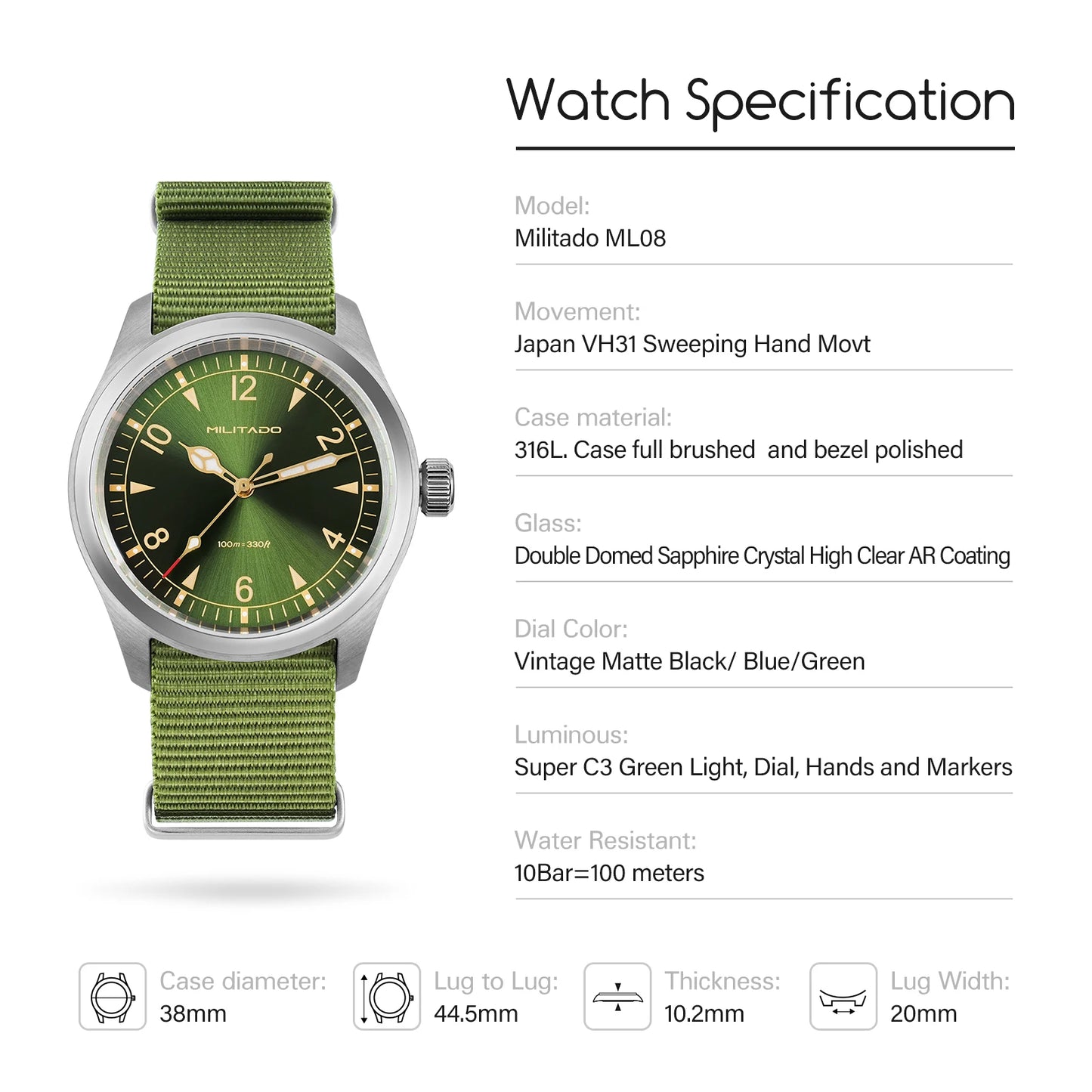 Militado ML08 Vintage Watch VH31 Quartz Movement Domed Sapphire Crystal Wristwatch BGW9 Luminous Vintage 38mm Quartz Watches