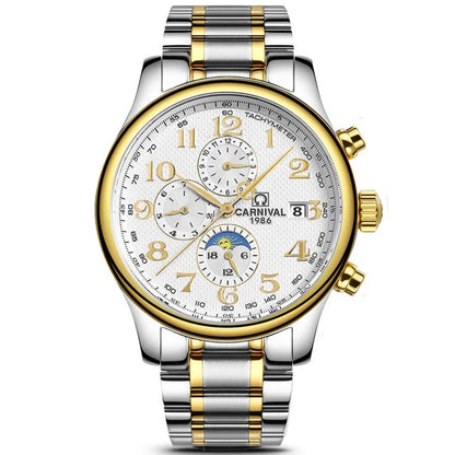 Carnival Brand Automatic Watch, Fashion Luxury Waterproof Calendar with Moon Phase, Mechanical Watches for Men