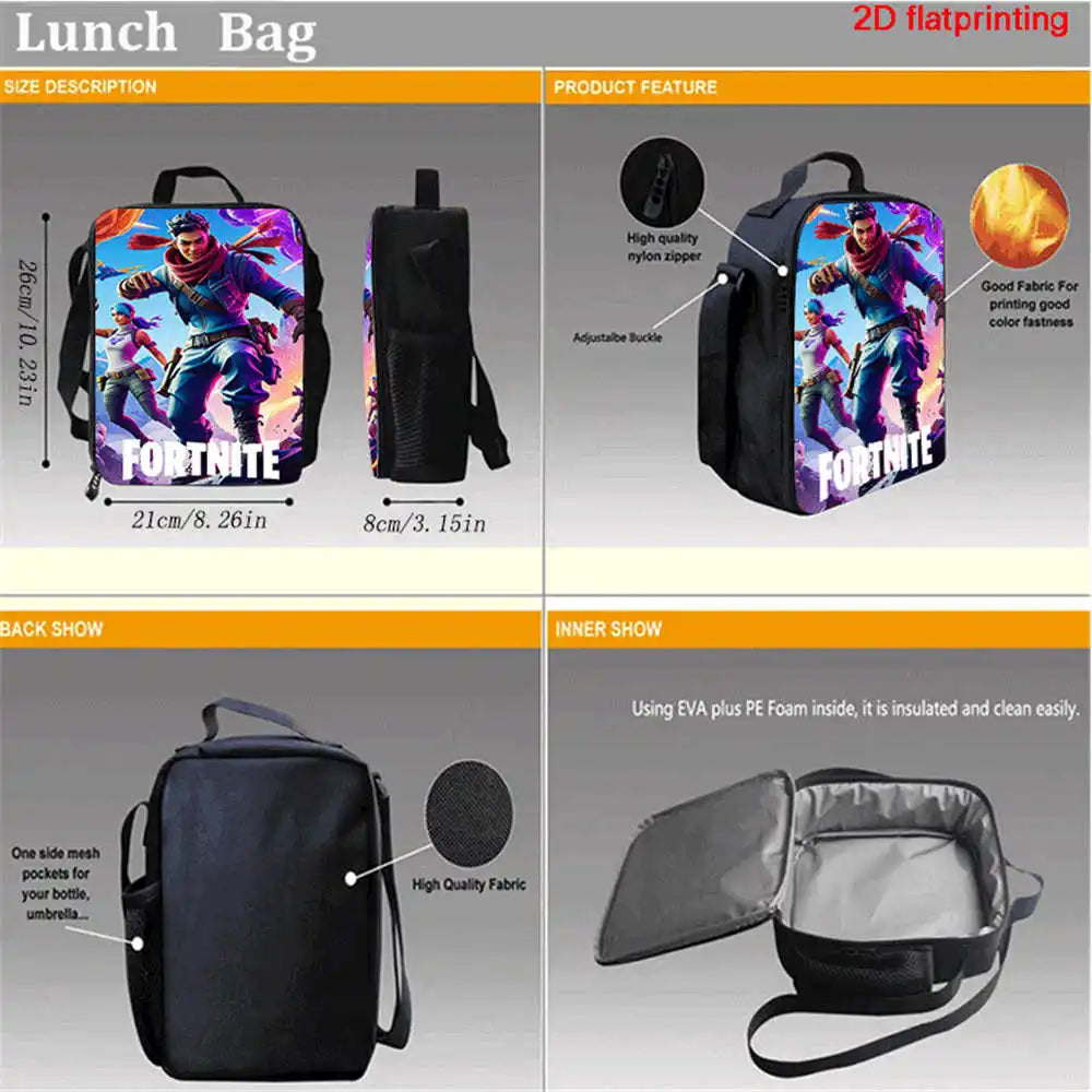 Fortnite Cartoon Lunch Bag, Portable Insulated Lunch Bag, Reusable Food Storage Bag, Suitable for Children and Students