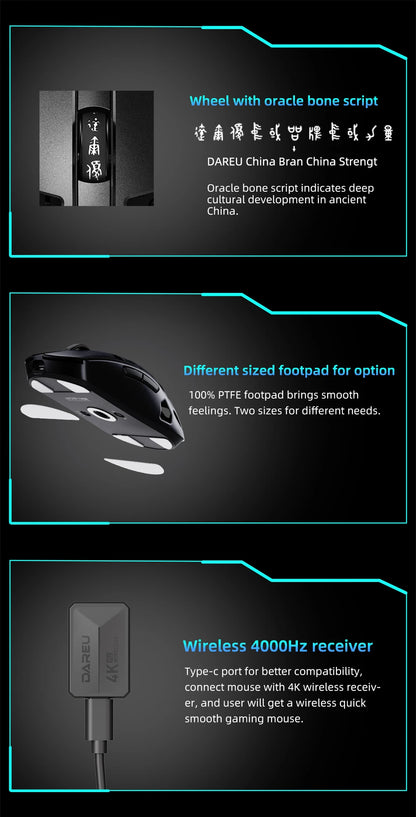 DAREU Al-mg Tri-mode 8Khz PBT Wireless Gaming Mouse Quick Charge PAW3950 30000 DPI Lightweight for PC Gamer