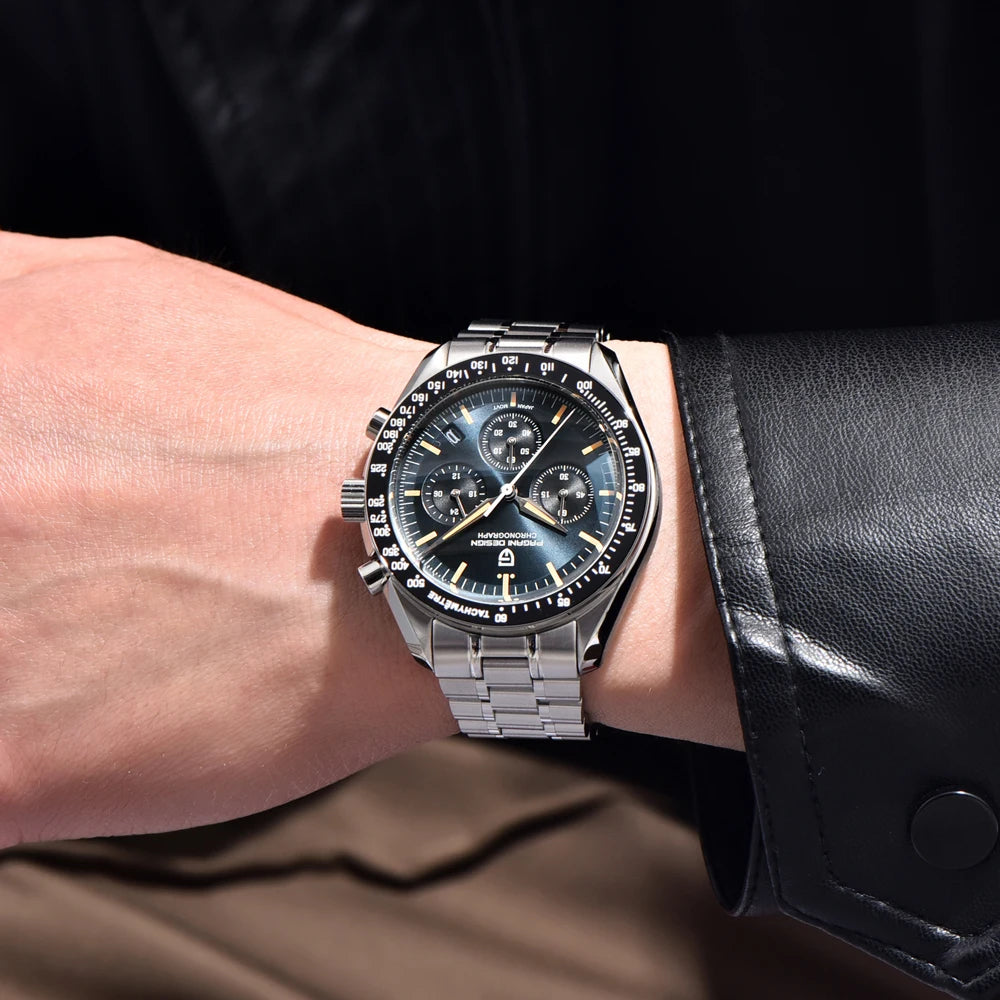 Reloj para hombre PAGANI DESIGN «New Moon» – Reloj de cuarzo de lujo, cronógrafo, cristal de zafiro con tratamiento antirreflectante, bisel de cerámica, agujas luminiscentes