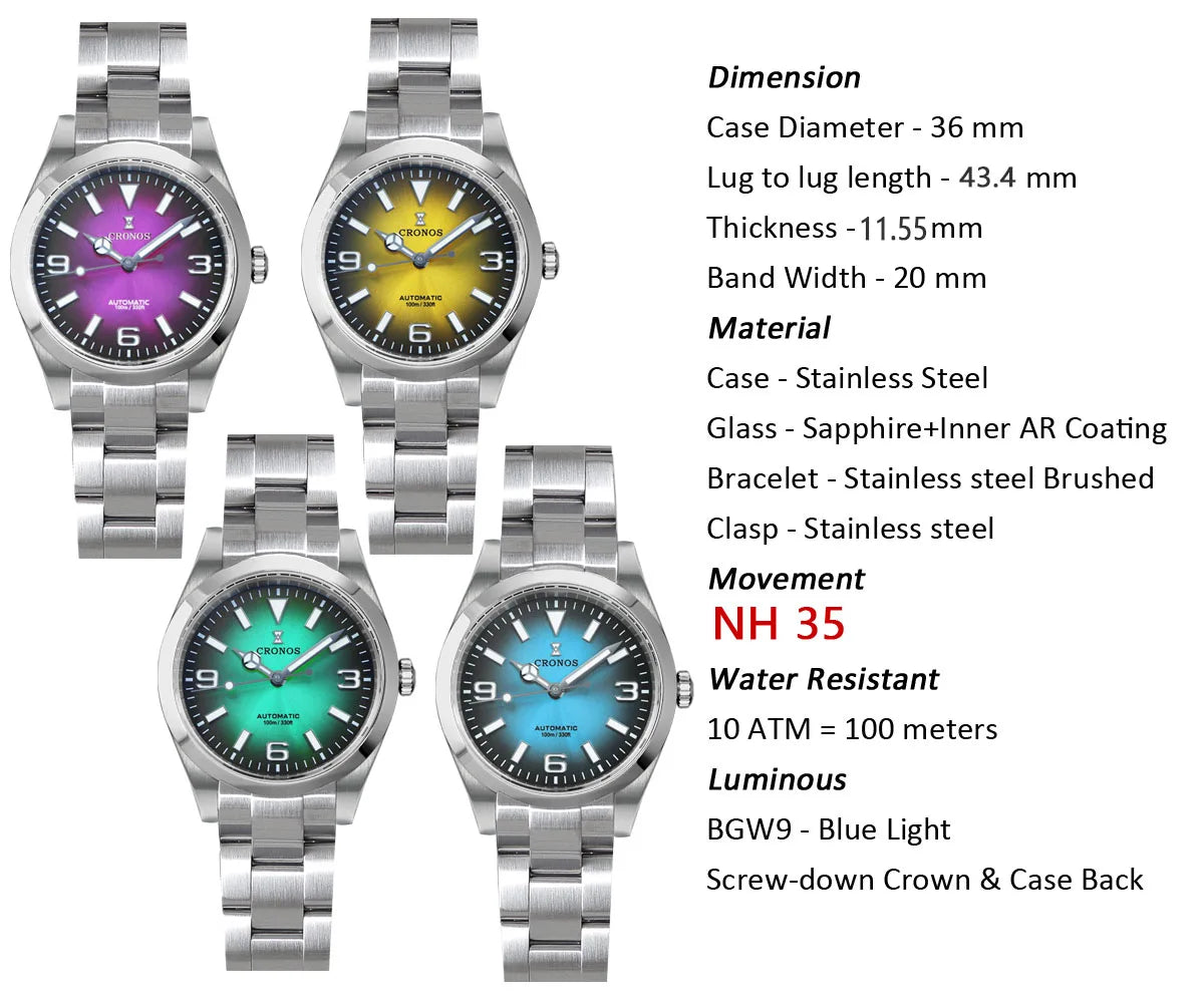Cronos Luxury Men Watches 36mm Explore Climbing Series Couples Sport Watch NH35 PT5000 Unisex Automatic Mechanical Watch 10Bar
