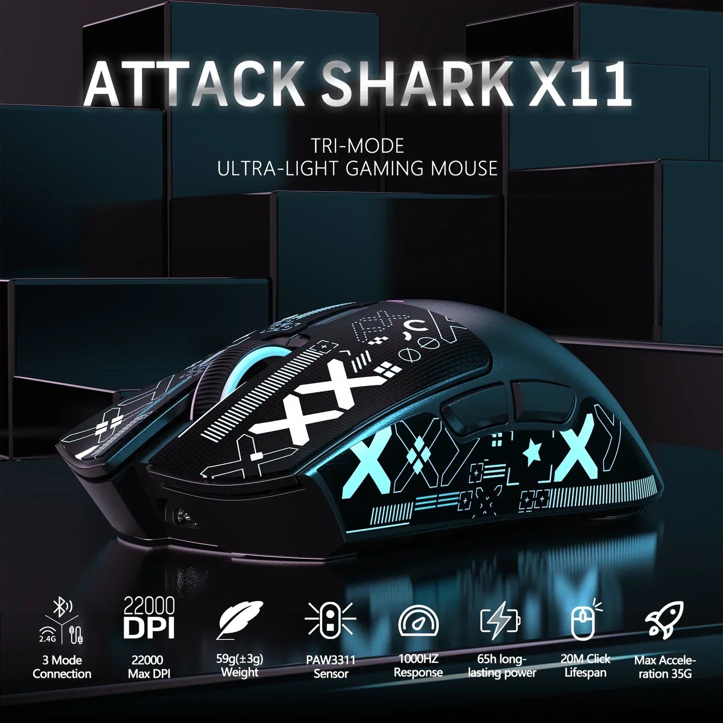 Mouse da gaming wireless Original Brand ATTACK SHARK X11 con dock di ricarica, sensore gaming PixArt PAW3311, Origin BT/2.4G wireless/cablato