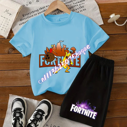 Fortnite Series T-shirt Shorts Suit for Children Hot Game Top and Pants Set Summer Cute Home Loungewear Outfit Birthday Gift