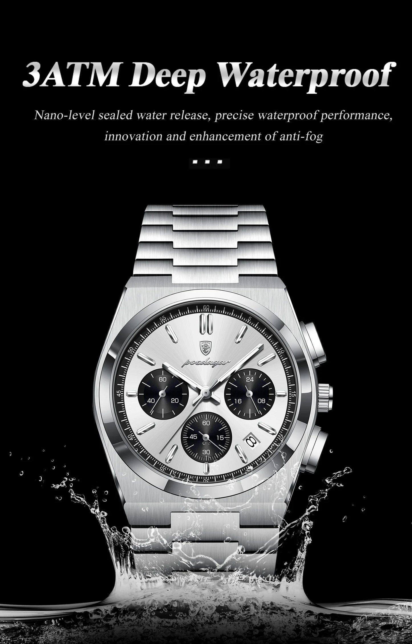 POEDAGAR Luxury Men's Watch Chronograph Date Stainless Steel Casual Man Clock Waterproof Luminous Fashion Quartz Watches For Men