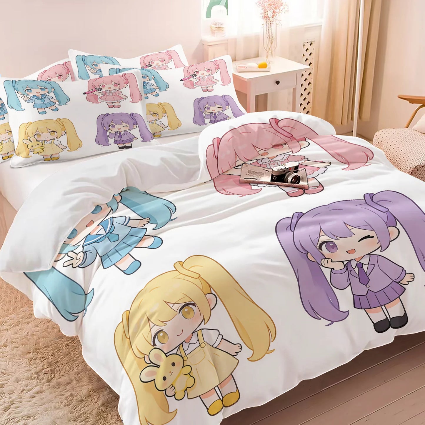 Set navlake za poplun Hatsune Miku u chibi stilu, slatka anime posteljina s jastučnicama, dekor za gaming sobu, spavaću sobu tinejdžera i djece, poklon za fanove