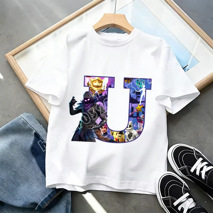 Fortnite A-Z Alphabet Print T-Shirt Summer Kids White Clothing Popular Cartoon Game T-Shirt Fashion Casual Short Sleeve Top Gift
