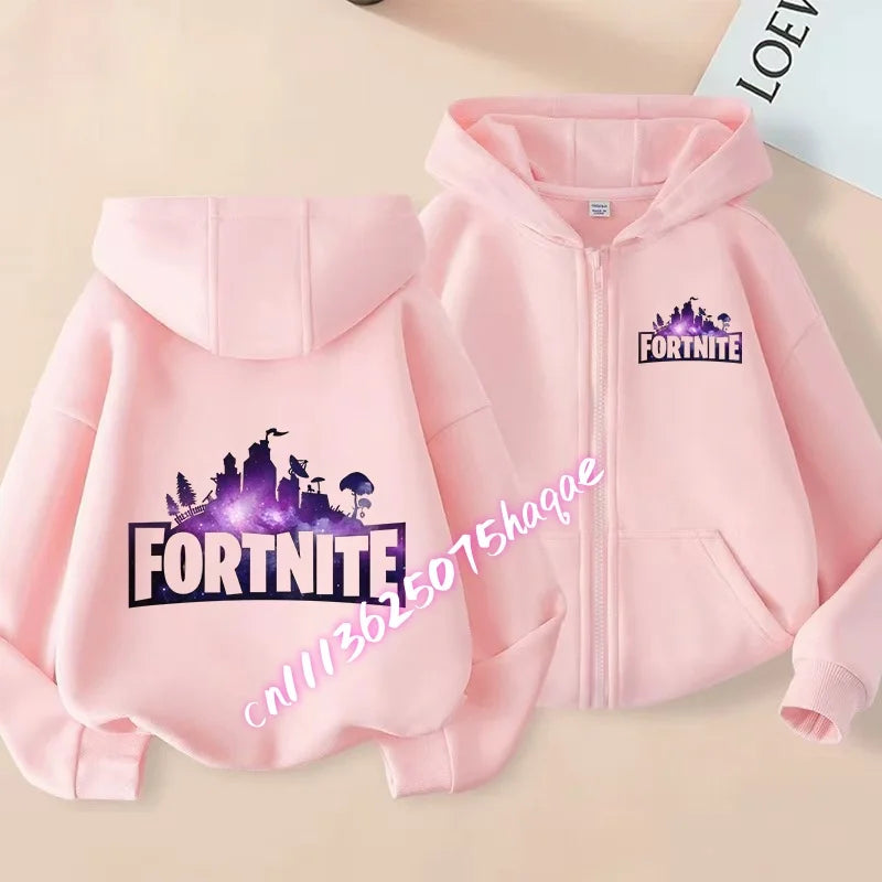 Nieuw Fortnite-kinderhoodiejack met cartoon-gamepersonageprint en rits, herfst- en winterjas voor kinderen, jongenskleding