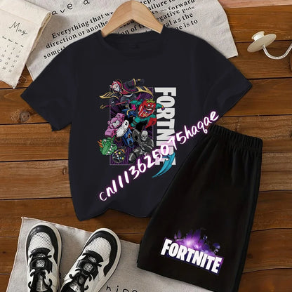 Summer Fortnite T-shirt Shorts for Boys and Girls Tee Pants Set 2pcs Children Clothing Tops T-shirts Fortress Night Print Tees Gift