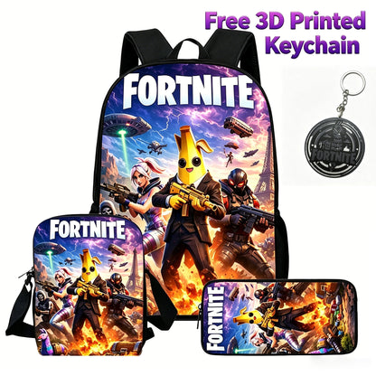 3Pcs Kids Backpack Set, Crossbody & Pencil Bag, FORTNITE Cartoon Bag, Lightweight for Boys Girls 6-10, Free 3D Printed Keychain