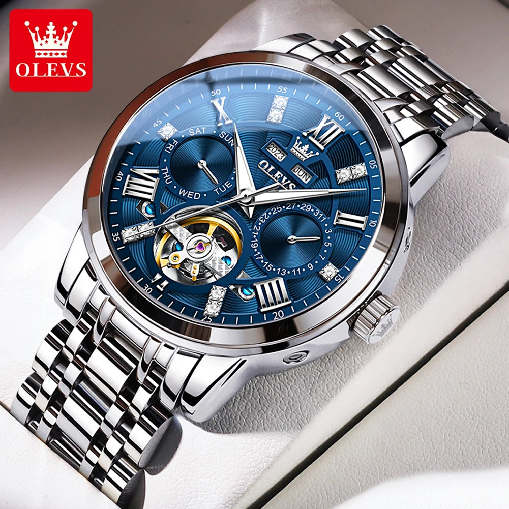 OLEVS Men's Watches Skeketon Flywheel Automatic Mechanical Original Wristwatch for Man Waterproof Luminous Perpetual Calendar