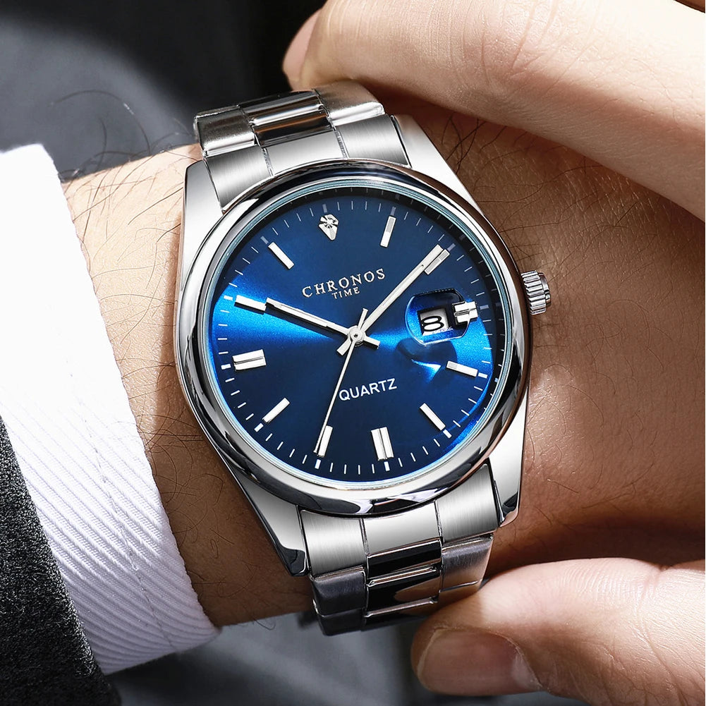 Reloj de pulsera para hombre CHRONOS: marca de lujo, resistente al agua, luminiscente, con indicador de fecha, de acero inoxidable y con mecanismo de cuarzo.