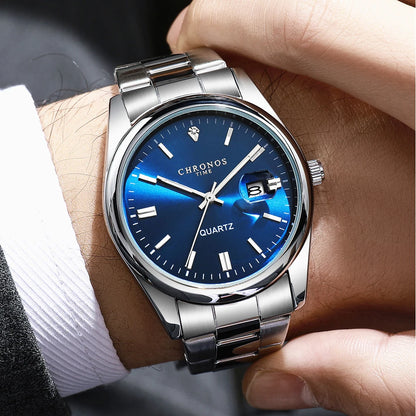 Reloj de pulsera para hombre CHRONOS: marca de lujo, resistente al agua, luminiscente, con indicador de fecha, de acero inoxidable y con mecanismo de cuarzo.