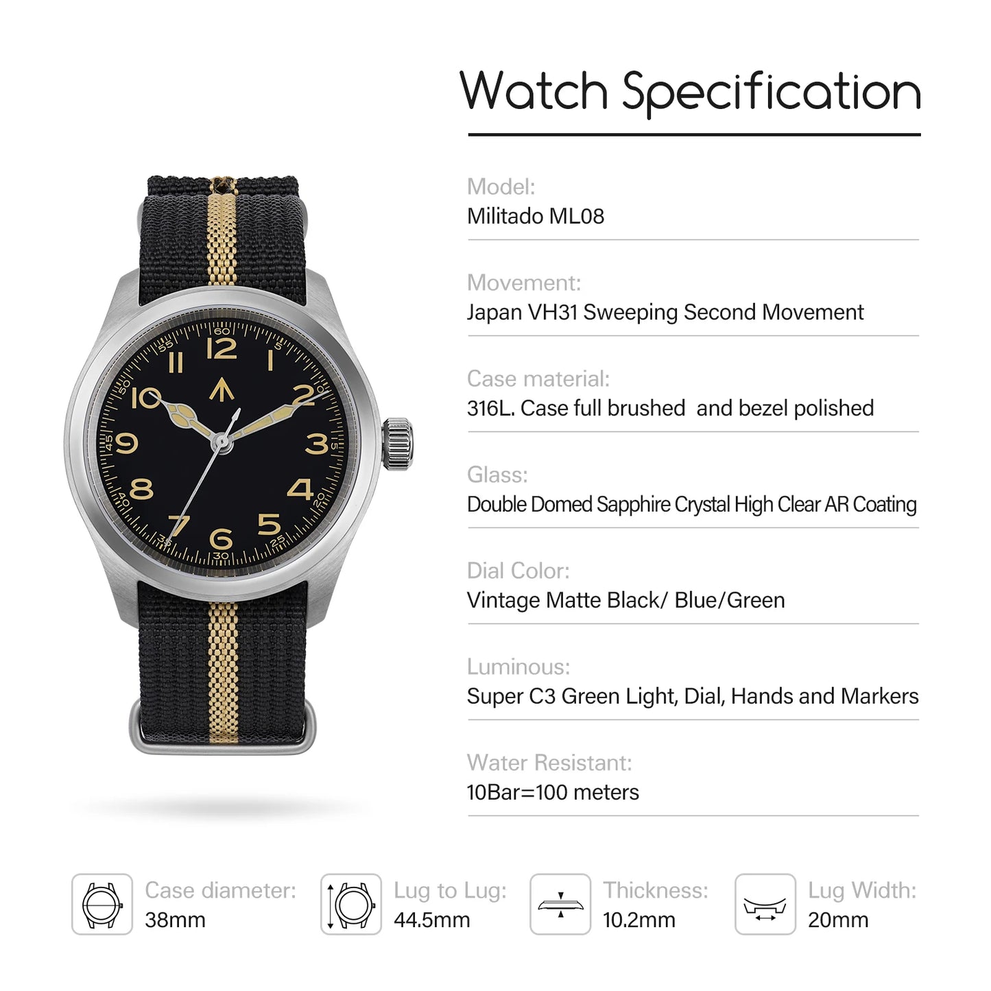 Militado ML08 Vintage Watch VH31 Quartz Movement Domed Sapphire Crystal Wristwatch BGW9 Luminous Vintage 38mm Quartz Watches