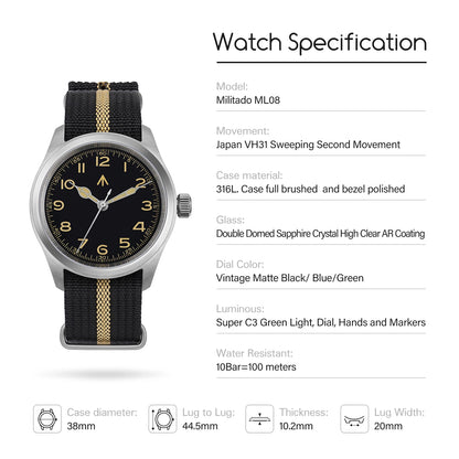 Militado ML08 Vintage Watch VH31 Quartz Movement Domed Sapphire Crystal Wristwatch BGW9 Luminous Vintage 38mm Quartz Watches