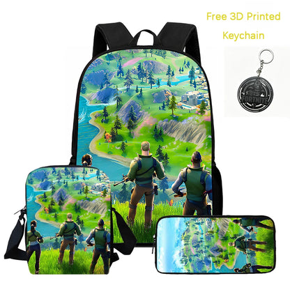 3Pcs Kids Backpack Set, Crossbody & Pencil Bag, FORTNITE Cartoon Bag, Lightweight for Boys and Girls Ages 5-10, Free 3D Printed Keychain