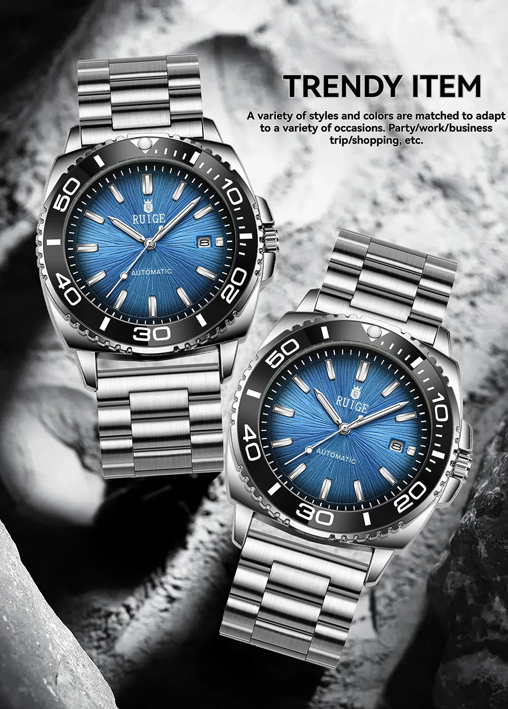 RUIGE Fashion Men's Fully Automatic Mechanical Watch Stainless Steel Calendar Men's Night Light Waterproof Versatile Watch