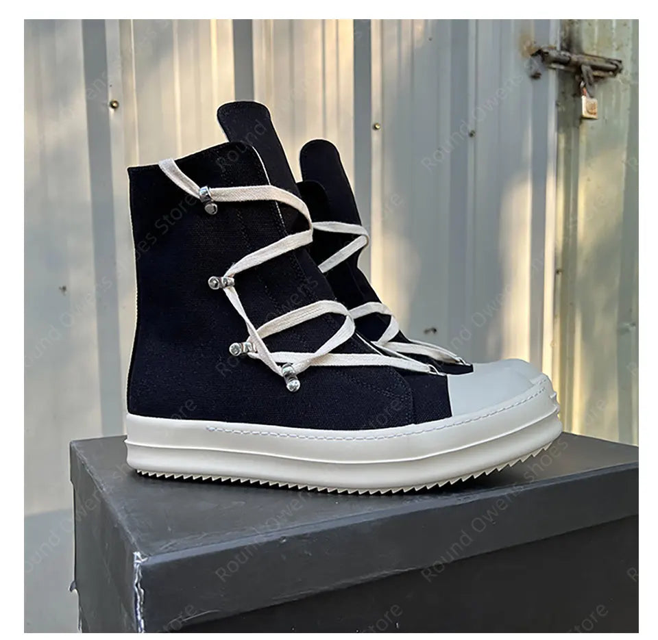 Casual High Top Quality Black Designer Men Leather Shoe Ro Pentagram Thick-sole Zip Flat Canvas Luxury Women Ankle boot Sneakers