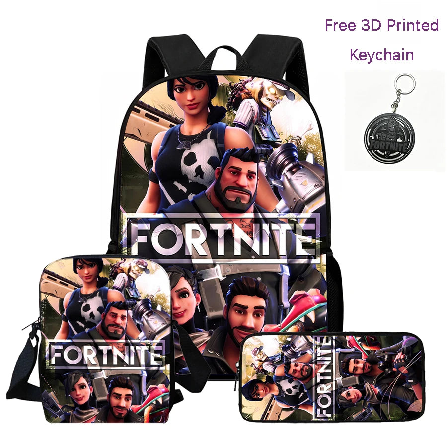 3Pcs Kids Backpack Set, Crossbody & Pencil Bag, FORTNITE Cartoon Bag, Lightweight for Boys Girls 6-10, Free 3D Printed Keychain