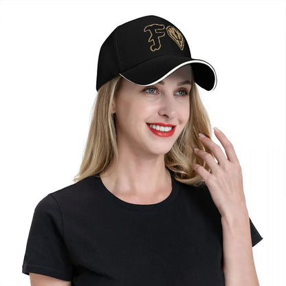 FORTNITE BASEBALL CAP WITH GOLD LOGO DESIGN BLACK AND WHITE TRIM ADJUSTABLE FIT FOR GAMING FANS AND STYLE ENTHUSIASTS