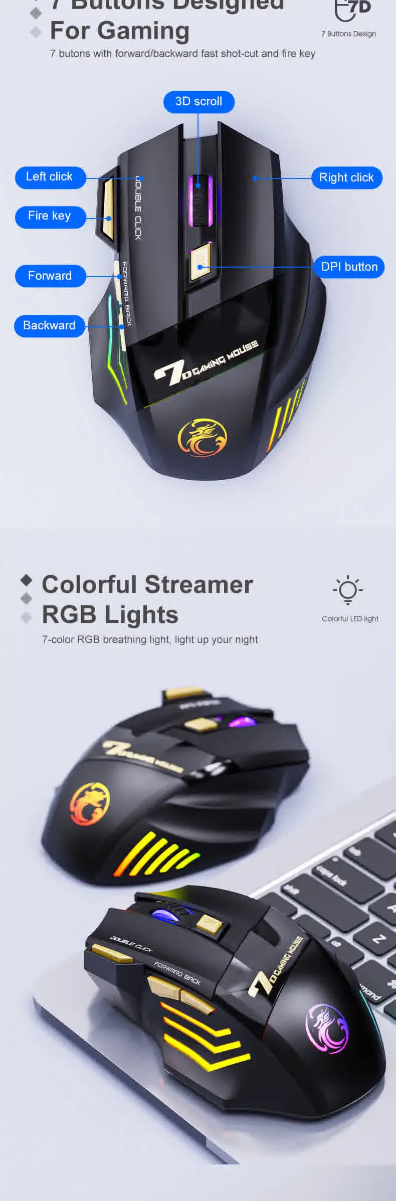 Langaton Bluetooth-hiiri, ladattava tietokonehiiri, ergonominen pelihiiri pelaajille, RGB-taustavalaistu hiljainen hiiri PC:lle