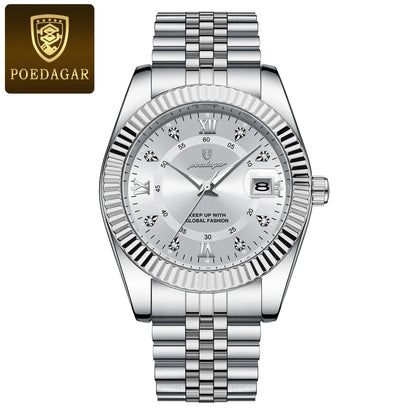 POEDAGAR Herrenuhr – Luxusmodell, wasserdicht, aus Edelstahl, mit Leuchtanzeige, im Militärstil, mit Datumsanzeige, Quarzwerk, ideal für die Arbeit oder berufliche Anlässe.