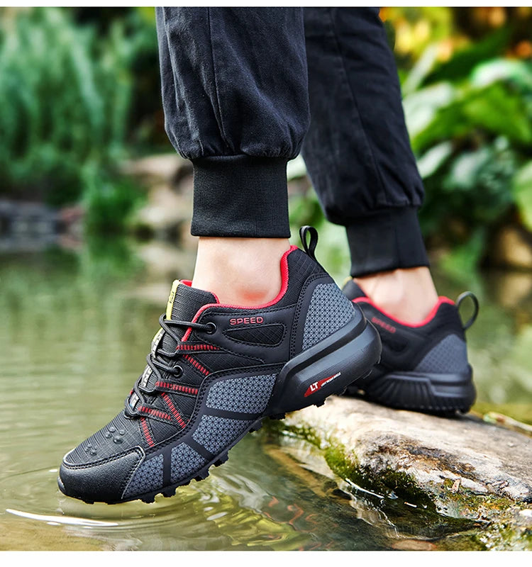 Męskie buty turystyczne – buty sportowe do terenów o zróżnicowanym ukształtowaniu terenu, z oddychającą siateczką, antypoślizgowe, odporne na zużycie – buty turystyczne i rowerowe