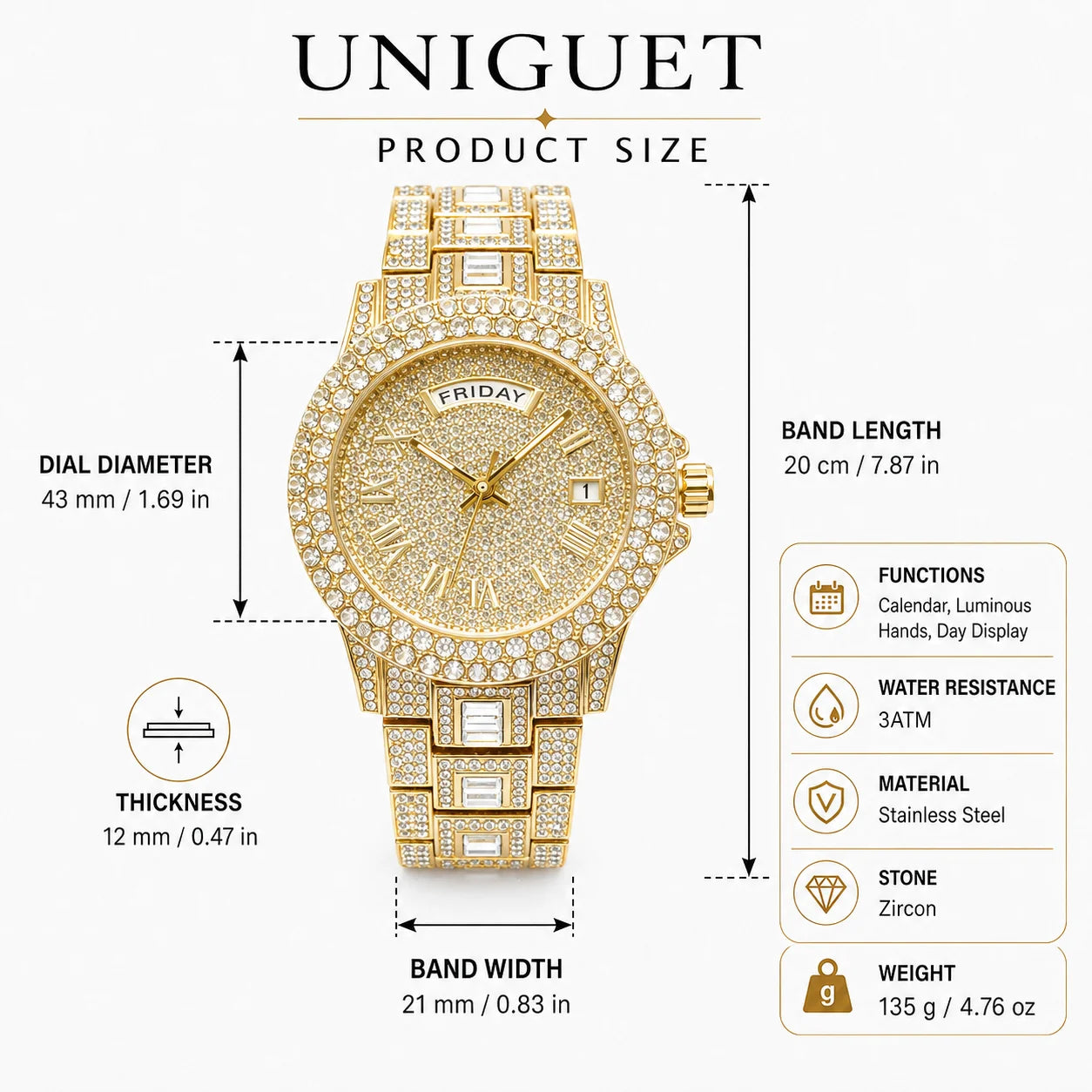 Men's Gold Quartz Watches Calendar Week Display Diamond Watch For Man Dropshipping