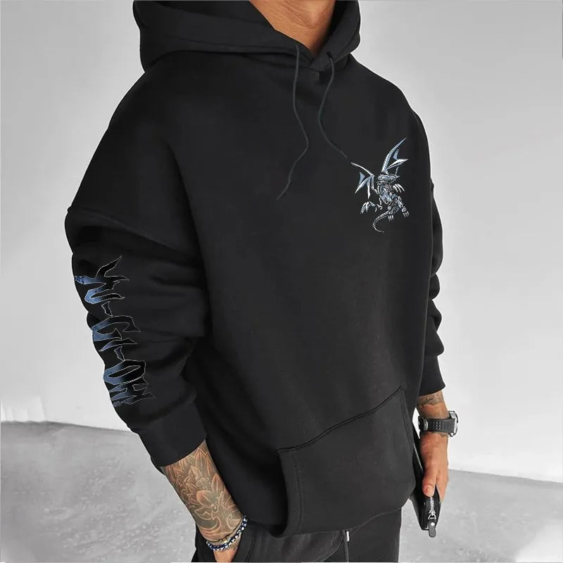 Classic Anime Yu-Gi-Oh Character Blue-Eyed White Dragon Printed Male Autumn/Winter Thick and Wide Y2K Halloween COS Wide Hoodie