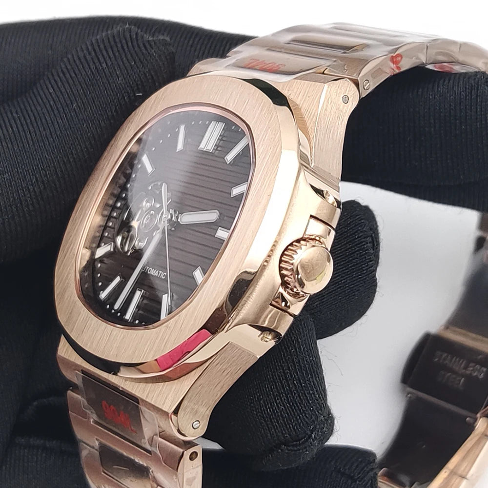 Luxury Rose Gold 40MM Square NH38 Movement Automatic Mechanical Men's Watch Sapphire Crystal Date Stainless Steel Strap