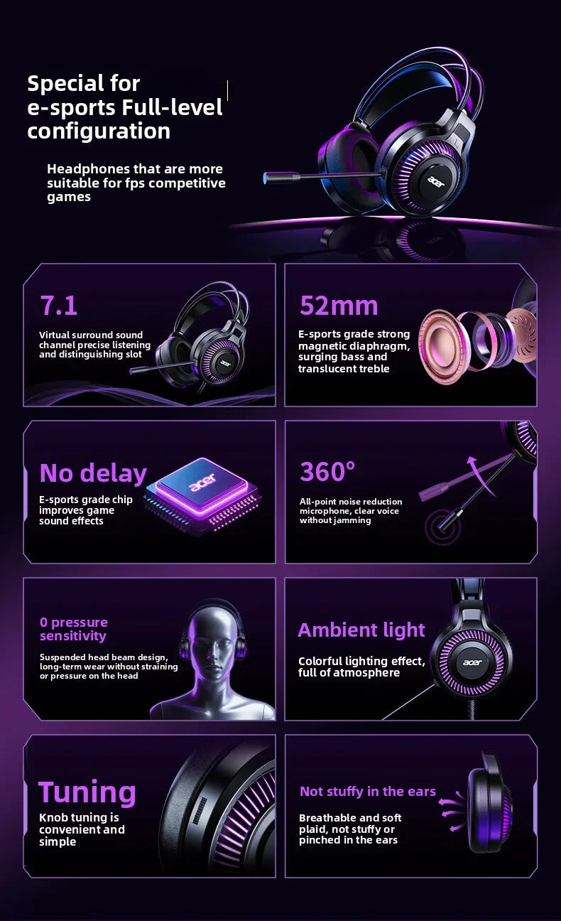 Acer OHW303 Gaming Headset with Microphone – 7.1 Virtual Surround Sound, Deep Bass, LED Lighting & Wired PC Gaming Headphones