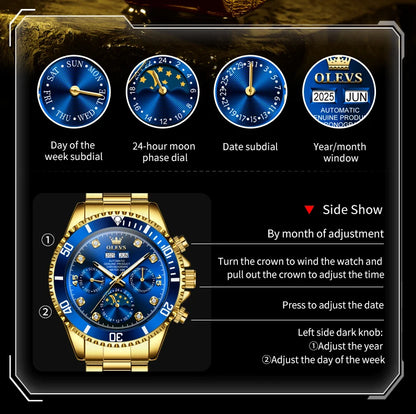 OLEVS 6729 Original Men's Watches Stainless Steel Waterproof Luminous Date Week Moon Phase Automatic Mechanical Watches for Man