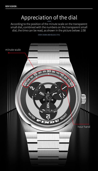 PINDU Turntable Creative Watch Miyota 8215 With Pointerless Design Trendy Steel Business Mechanical Watches Luminous Waterproof