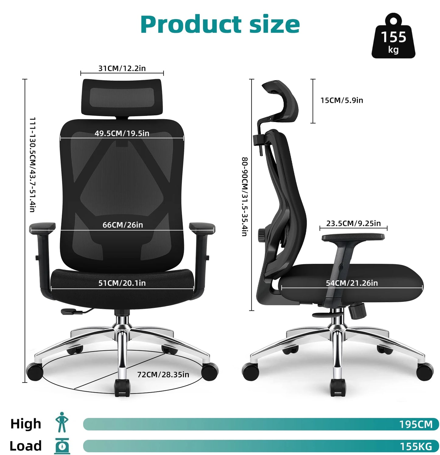 Daccormax Ergonomic Office Chair with 3D Lumbar Support, Mesh Desk Chair, Adjustable Headrest, Reclining Swivel Computer Chair for Home Office