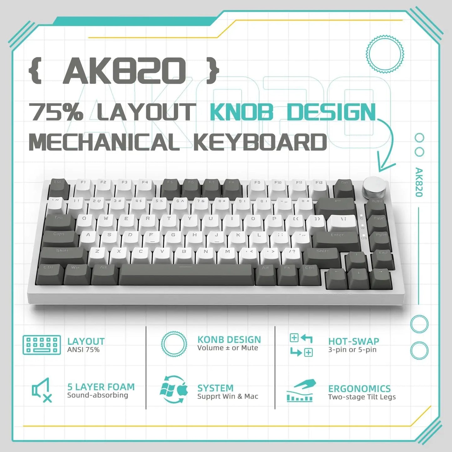 AJAZZ AK820 Rotary Volume Buttons Hot-Swappable Keys For Office AndHome Mechanical Keyboards DIY