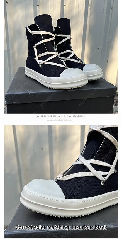 Casual High Top Quality Black Designer Men Leather Shoe Ro Pentagram Thick-sole Zip Flat Canvas Luxury Women Ankle boot Sneakers