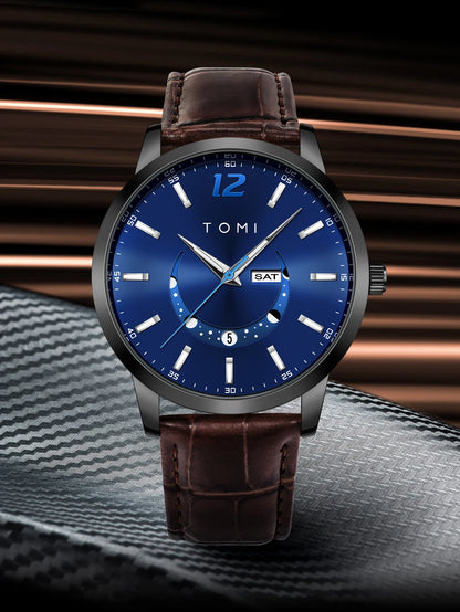 Reloj de cuarzo TOMI, de estilo elegante y profesional, con correa de piel, caja de aleación y esfera con agujas: diseño de alta gama, ideal como regalo para hombre.