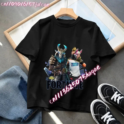 Fortnites Kids Black Cotton T-Shirt Fortress Night Baby Short Sleeve Tees Shirt Cartoon Boy Girl Summer Clothes Kawaii Tops Gift