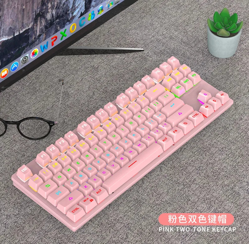 Gamer Mechanical keyboard 87 keys gaming 80% backlit key board ergonomic computer office wired mini pc numpad pink white black
