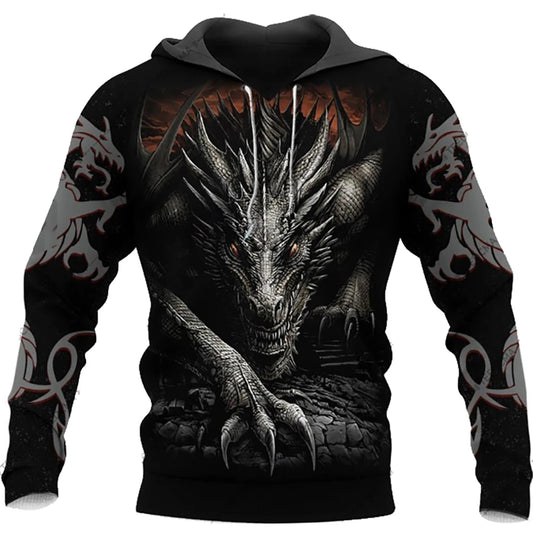 Herbst-Winter-Kapuzenpullover für Herren, langärmelig, mit 3D-Tattoo-Drachen-Print, Unisex-Streetwear-Sweatshirt, lässiger Trainingsanzug-Pullover