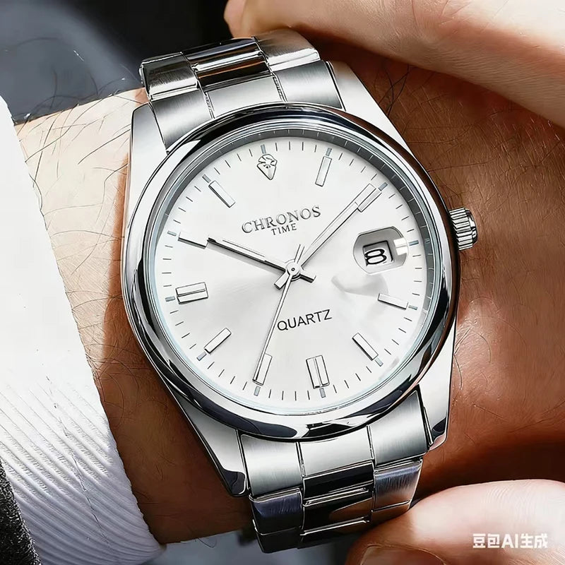 Reloj de pulsera para hombre CHRONOS: marca de lujo, resistente al agua, luminiscente, con indicador de fecha, de acero inoxidable y con mecanismo de cuarzo.