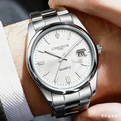 Reloj de pulsera para hombre CHRONOS: marca de lujo, resistente al agua, luminiscente, con indicador de fecha, de acero inoxidable y con mecanismo de cuarzo.