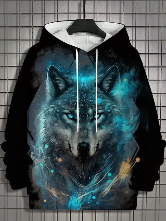 European and American Men's Autumn Fashion Wolf Print Soft and Comfortable Hooded Sweatshirt Outdoor Urban High Street Clothing